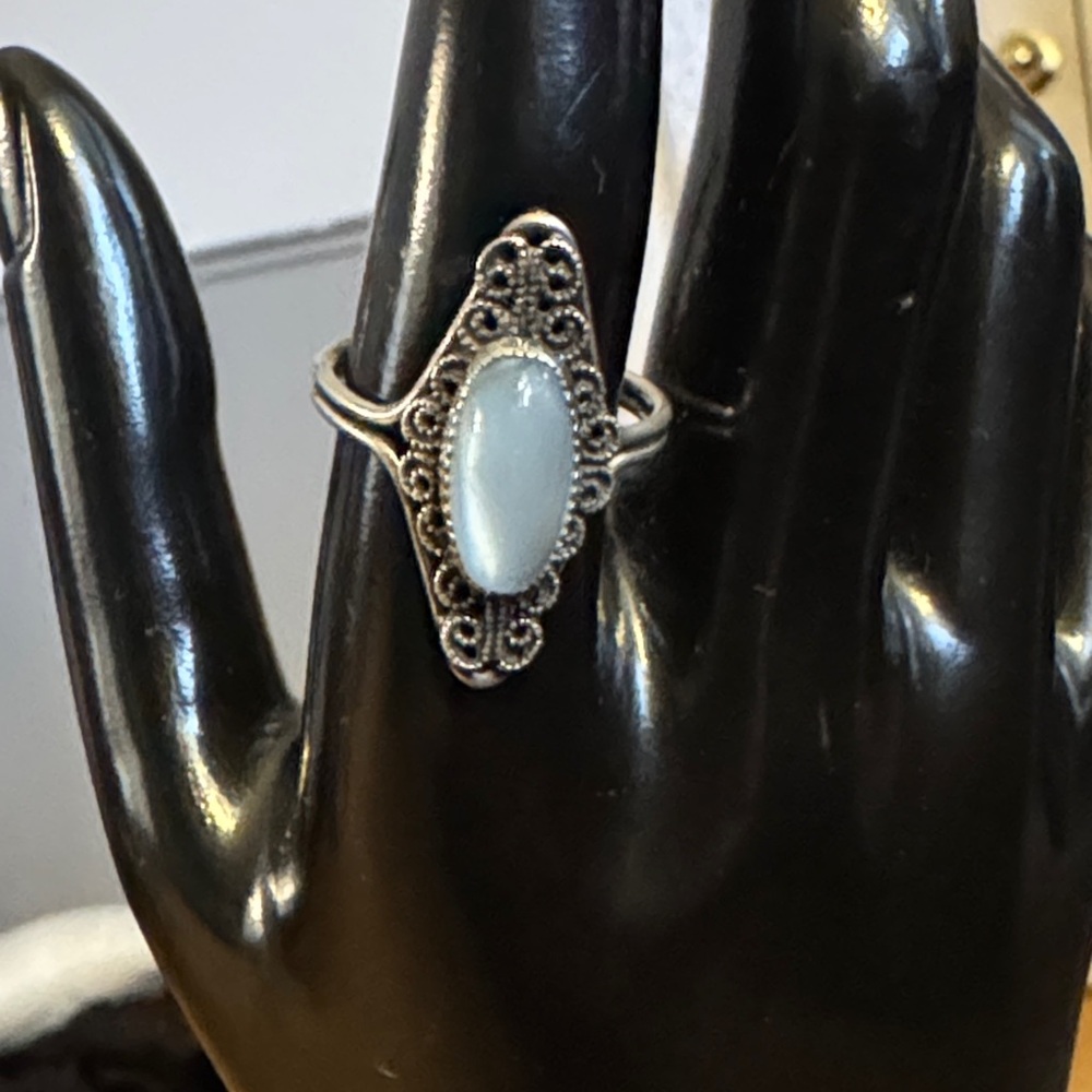 Art Deco Style Adjustable Sterling Ring w Blue Moonstone Stone by Beau